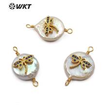 WT-MC276 WKT Natural Pearl＆CZ Pave Dragonfly Shape Colorful Connector Double Hoops Women Fashion Necklace Pendant Jewelry 2024 - buy cheap