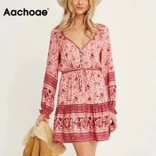 Aachoae Women Pink Color Floral Print Dress V Neck Boho Beach Dress Long Sleeve Button Pleated Mini Dress Vestido De Mujer 2024 - buy cheap