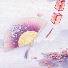 Chinese Japanese Folding Fan Wooden Shank Classical Dance Fan High Quality Tassel Elegent Female Fan 2024 - buy cheap