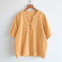 Женская блузка с короткими рукавами, свободная хлопковая блузка с v-образным вырезом и цветными пуговицами в японском стиле, лето 2020 2024 - купить недорого