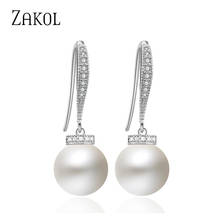 ZALOL Fashion Round Simulated Pearl & Zirconia Long Hook Drop Earrings Bridal Wedding Jewelry Free Shipping FSEP2159 2024 - buy cheap
