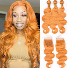 Human Hair Bundles With Closure 4*4 Body Wave Brazilian Hair Weave Bundles With Closure Pre Colored Orange 100% Remy 2024 - buy cheap