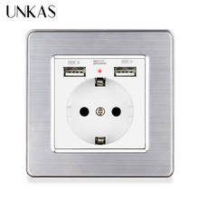 UNKAS-puerto de carga USB Dual 2.1A, toma de la UE 86mm * 86mm 16A, Panel de acero inoxidable, salida de indicador LED suave oculta 2024 - compra barato