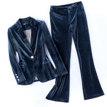OL-Conjunto de dos piezas para mujer, traje de terciopelo dorado, pantalones de campana hasta el tobillo, Blazer de oficina, N666 2024 - compra barato