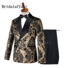 Bridalaffair Black Printing Champagne Velvet Men Suit Slim Fit Tuxedo Double Breasted Groom Prom Wedding Tuxedos (Jacket+Pants) 2024 - buy cheap