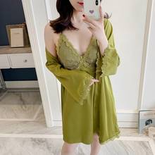 Sexy Women Cami Top Robe Gown Set Ice Silk Nightgown Two-Piece Pajama Suit Lace Home Clothes Spring And Summer Sleepwear пижама 2024 - buy cheap