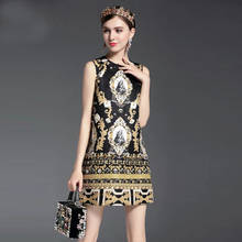 Summer Designer Dress Women's Hight Quality Sleeveless Vintage Baroque Gold Printed Embossed Beading Diamond Dress 2024 - buy cheap