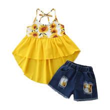 Fashion Summer 2Pcs Toddler Baby Kid Girl Summer Sunflower Print Sleeveless Top Ruffle Dress+Denim Shorts Clothes 1-6Y 2024 - buy cheap