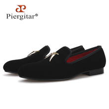 Piergitar New Gold metal Shark Tooth designs Men Velvet shoes wedding and party men's loafers men smoking slippers plus size 2024 - buy cheap