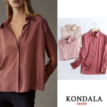 Kondala camisa feminina elegante, de seda, para escritório, manga comprida, lisa, botão manchas, camiseta feminina chique 2020 2024 - compre barato