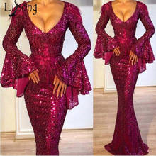 Modest Mermaid Prom Party Dresses Sexy Deep V neck Dubai Sequined Evening Gown 2019 Long Sleeves Celebrity Party Gown Vestidos 2024 - buy cheap