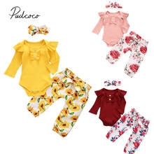 Conjunto de 3 piezas para niñas recién nacidas, pelele acanalado de manga larga + Pantalones de estampado Floral + conjunto de diadema 2024 - compra barato