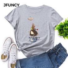 JFUNCY женская футболка размера плюс хлопковая футболка с коротким рукавом Новая женская футболка с мультяшным принтом летние женские топы Женская одежда 2024 - купить недорого