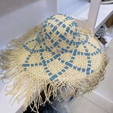 2021 New Summer Tassels Big Brim Lafite Patchwork Denim Ribbon Straw Hat For Women Beach Sun Protection Bucket Hat Bape Chapeu 2024 - buy cheap
