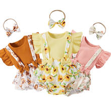 Newborn Kids Baby Girls 3PCS Sets Floral Printed Clothes Knitted T shirt Tops Suspenders Shorts Headband Outfit Set Summer New 2024 - buy cheap