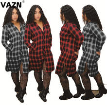 VAZN-vestido Bandage a cuadros para mujer, prenda elegante de manga larga y cuello redondo, estilo inglés, Mini vestido informal Sexy, novedad de 2020 2024 - compra barato