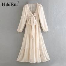 HiloRill Women Lace Mesh Dot Embroidery Dress 2021 Sweet Bow Decorate Midi Dresses V Neck Long Sleeve Elegant Party Dress 2024 - buy cheap