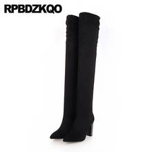 10 Sexy High Heel Black Pointed Toe Cheap Big Size Chunky Tall 9 12 44 Over The Knee Thigh Boots For Plus Women Slim Shoes Long 2024 - buy cheap