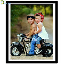 Bordado de diamantes redondos y cuadrados, cuadro de motocicleta, niño y niña, 5D, punto de cruz, decoración del hogar 2024 - compra barato