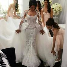 Кружевное свадебное платье со съемной юбкой из тюля, украшенное жемчужинами и длинными рукавами, Элегантное свадебное платье 2024 - купить недорого