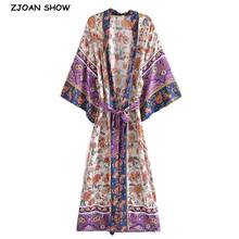 2021 BOHO Locate Floral Print Long Kimono Shirt Hippie Women Lacing up Tie Bow Sashes Cardigan Loose Blouse Tops Holiday 2024 - buy cheap