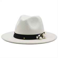 Chapéu fedora de lã feminino quente com fita de pérola cavalheiro elegante senhora inverno outono aba larga igreja panamá sombrero menina jazz boné 2024 - compre barato