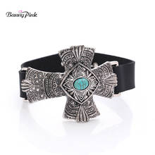 Banny-pulsera con Cruz religiosa tallada para hombres, brazalete de cuero sintético, estilo Vintage, con piedra gruesa, Rosa 2024 - compra barato