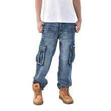 Japan Style Brand Mens Straight Denim Cargo Pants Biker Jeans Men Baggy Loose Blue Jeans With Side Pockets Plus Size 40 46 2024 - buy cheap