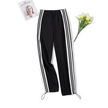 Plus size women sports wide leg pants autumn high waist black striped patchwork loose straight casual split trousers cloth big 2024 - buy cheap