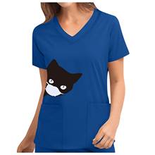 40# Women's Cat Print T-shirts Top Cute Short Sleeve V-neck Top Nurse Work Uniform Solid Pocket T-shirts Tops Casual T-shirt Топ 2024 - buy cheap