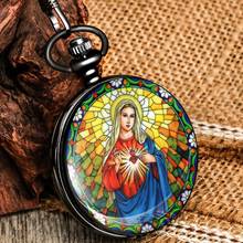 Women Classic Black Quartz Pocket Watch Virgin Mary Pattern Smooth Alloy Case Thick Chain Pendant Pocket Watch Anniversary Gifts 2024 - buy cheap