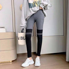 OUMENGKA Spring Autumn Women Leggings 2021 Stripe Casual Slim Pants Trousers High Waist Sportwear Ladies Ankle Length Leggings 2024 - buy cheap