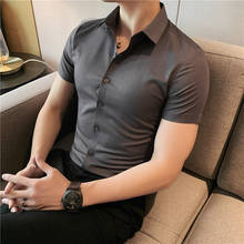 Roupa formal de negócios, de alta qualidade, camisa de seda masculina, camisa curta, simples, de cor sólida, slim, casual, blusa elástica, 3xl 2024 - compre barato