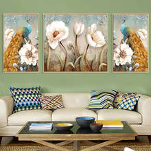Cuadro de flores blancas y pavo real para sala de estar, póster en lienzo, arte nórdico de pared, pintura impresa, decoración moderna 2024 - compra barato