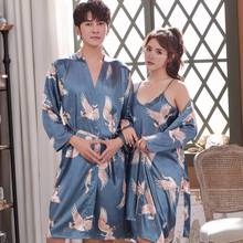 Honeymoon Men Satin Robe Sexy Wedding Bridegroom Kimono Bathrobe Gown Vintage Print Crane Sleepwear Plus Size XXXL Nightgown 2024 - buy cheap