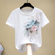 Camiseta con bordado de flores en 3D para mujer, Tops con estampado informal de cuello redondo para mujer, camiseta divertida de algodón de manga corta para mujer Harajuku 2020 2024 - compra barato