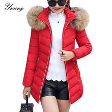 Yming jaquetas longas femininas de algodão, casaco elegante e quente de inverno com gola de pele e capuz, moda externa para mulheres 2024 - compre barato