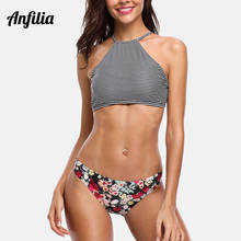 Anfilia Women Striped Bikini Set High Neck Swimsuit Vintage Floral Swimwear Strappy Bathing Suit Padded Beachwear 2024 - buy cheap