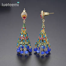 LUOTEEMI Retro Luxury Dangle Drop Earrings Colorful AAA CZ Inlaid Blue Beads Tassle Bridal Indian Women Fashion Jewelry Brincos 2024 - buy cheap