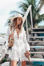Vestido branco sexy feminino de verão, mini vestido bordado cavado com renda, para festa de tarde, vestidos curtos de praia, 2019 2024 - compre barato