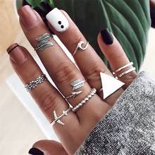 9Pcs/Set Vintage Rings Lady Charm Silver Color Triangle Leaf Airplane Arrow Wave Flower Silver Ring Set Fashion Jewelry 2024 - buy cheap