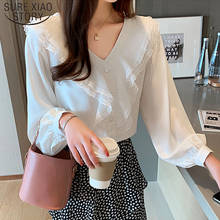 2021 Autumn New Korean Long Sleeve Women Blouses V-neck Wavy Chiffon Shirt Solid White Ladies Tops Regular Office Lady 5680 50 2024 - buy cheap