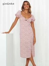 Yinlinhe vestido longo rosa, feminino, de verão, com laço, gola quadrada, estilo francês, vestidos vintage, cintura elástica, 2011 2024 - compre barato