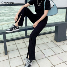 Women Casual Pants Design Front-slit Straight Streetwear Elastic Waist Empire Trousers Solid Black Spring Ulzzang Chic Female 2024 - buy cheap