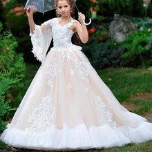 Vestidos florais de tule para meninas, vestido branco de renda para casamento e primeira comunhão 2024 - compre barato