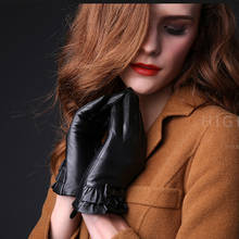 Luvas de couro genuíno de inverno para mulheres, luvas de pele de carneiro com tela sensível ao toque, quentes e grossas para inverno 2024 - compre barato