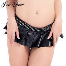 Women Ladies Black Sexy Faux Leather Pleated and Side Split Embellished Studded Mini Skirt For Party Clubwear Performance 2024 - buy cheap