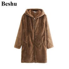 za 2019 Elegant women hood teddy coat oversized brown warm thick zipper warm plush coat female overcoat mujer 2024 - buy cheap