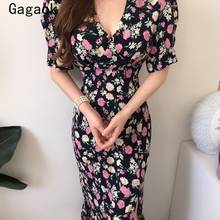 Gagaok-vestido Vintage coreano para mujer, vestido Midi ajustado con escote en V, manga abombada, estampado Floral, Sexy y elegante, verano 2020 2024 - compra barato