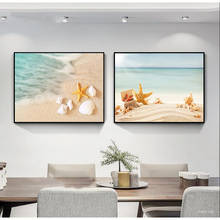 Póster impreso en lienzo con Concha, estrella de mar y botella de deriva, arte de pared, paisaje mediterráneo, mar azul, playa, sala de estar, decoración moderna 2024 - compra barato